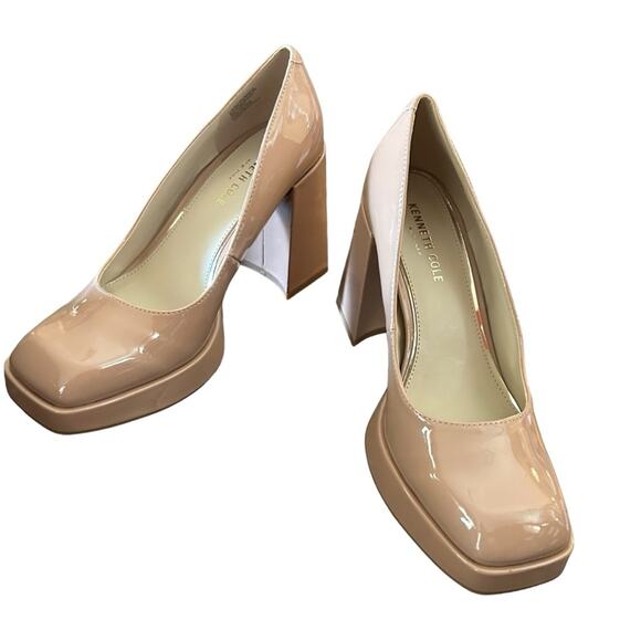 Kenneth Cole Bri Platform Patent Pumps Buff Flare Block Heel Square Toe SZ 8.5 - Picture 3 of 11